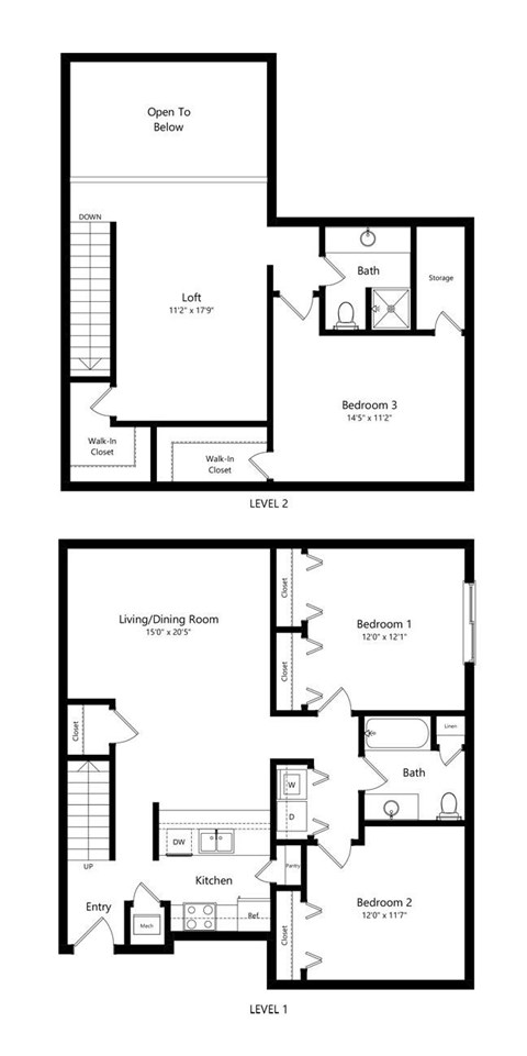 the 3-bedroom, 2-bathroom, 1,596 square feet Schuyler II loft-style floor plan at Pine Lake Heights apartments in Lincoln, NE